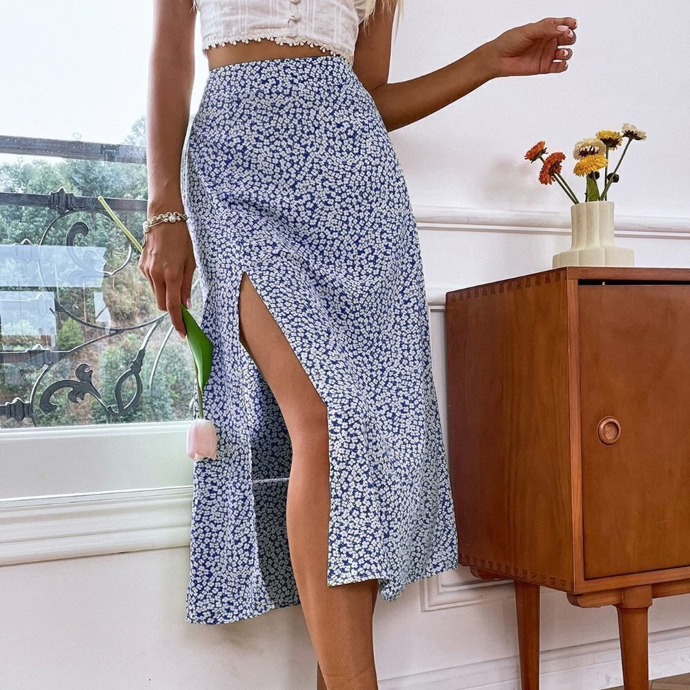 Blue Casual Womens High Waist Ditsy Floral Split Thigh Skirt - Picture 4 of 5